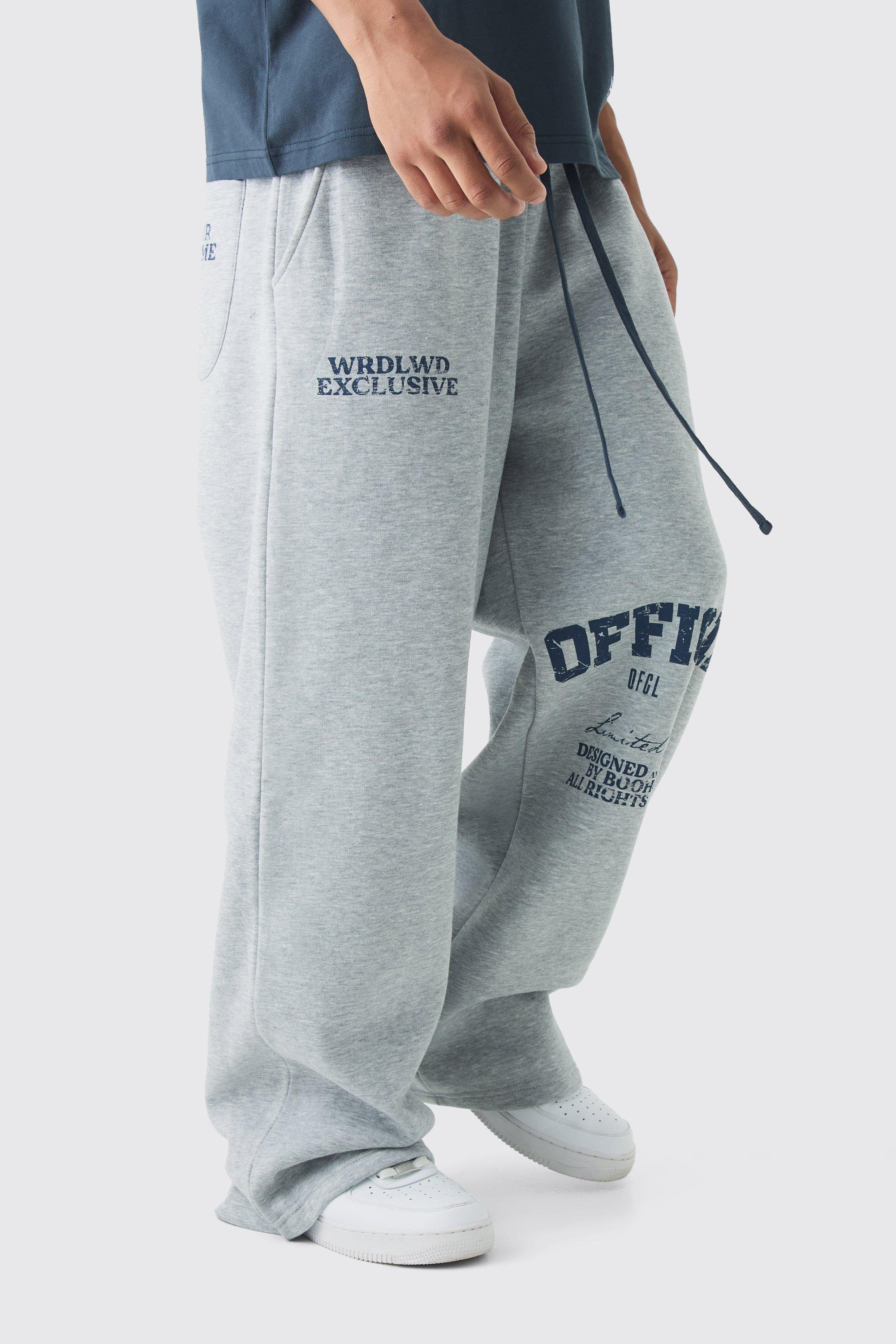 Mens Grey Wide Leg Offcl Print Jogger, Grey